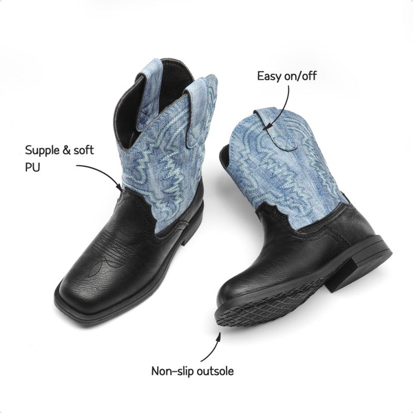 Kids Square-Toe Western Cowboy Boots - BLUE-BLACK - 4